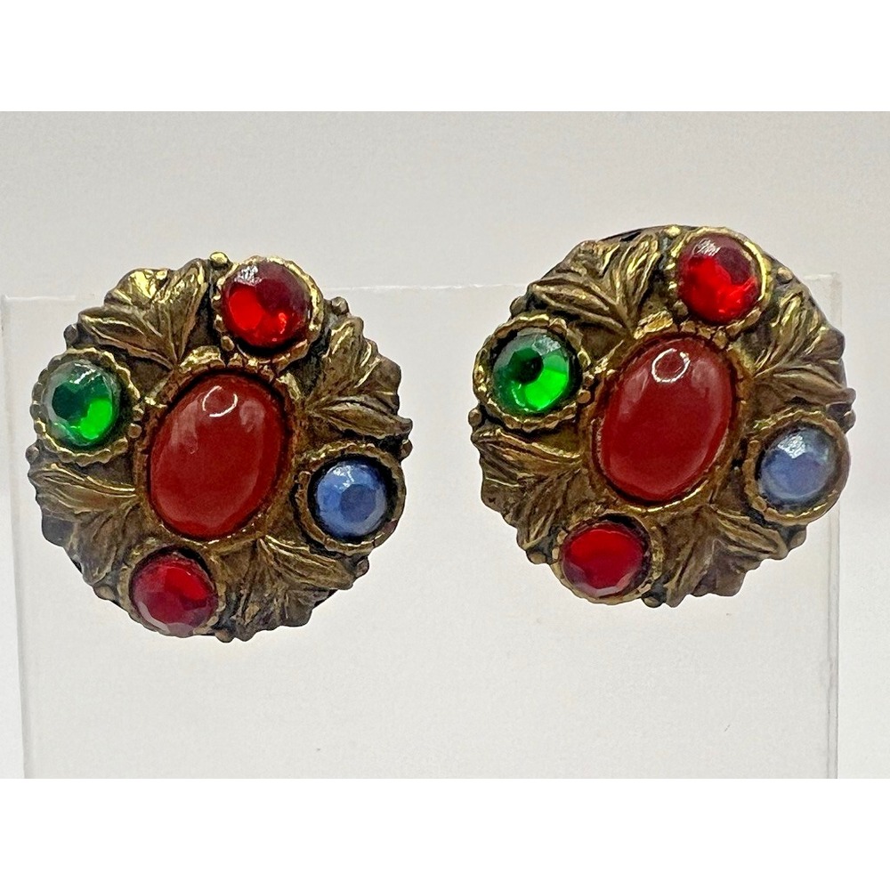 Vintage 1950s Screwback Earrings Gold Tone Red Green Cabochon Mid Century Retro